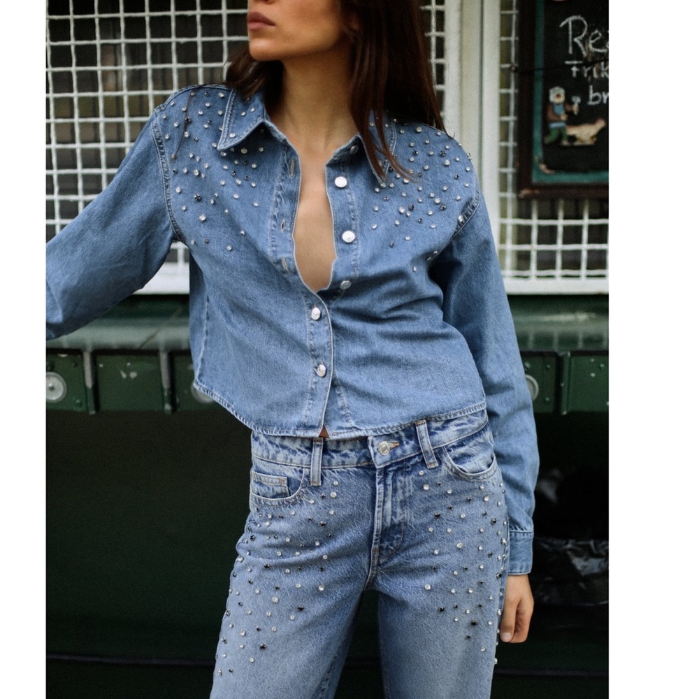 Zara Blue Denim Studded Top